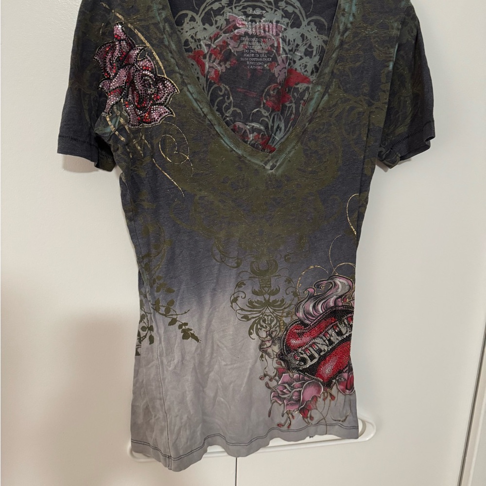 Sinful Black and Red V-Neck Graphic Tee